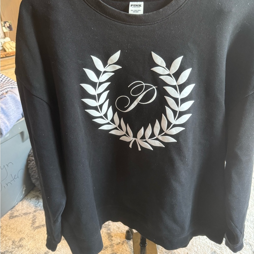 Victoria’s Secret PINK Black Crewneck Sweatshirt with White Leaf Design.